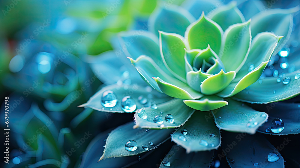 close-up of green blue  succulent   plant covered with water drop. Water preservation concept.