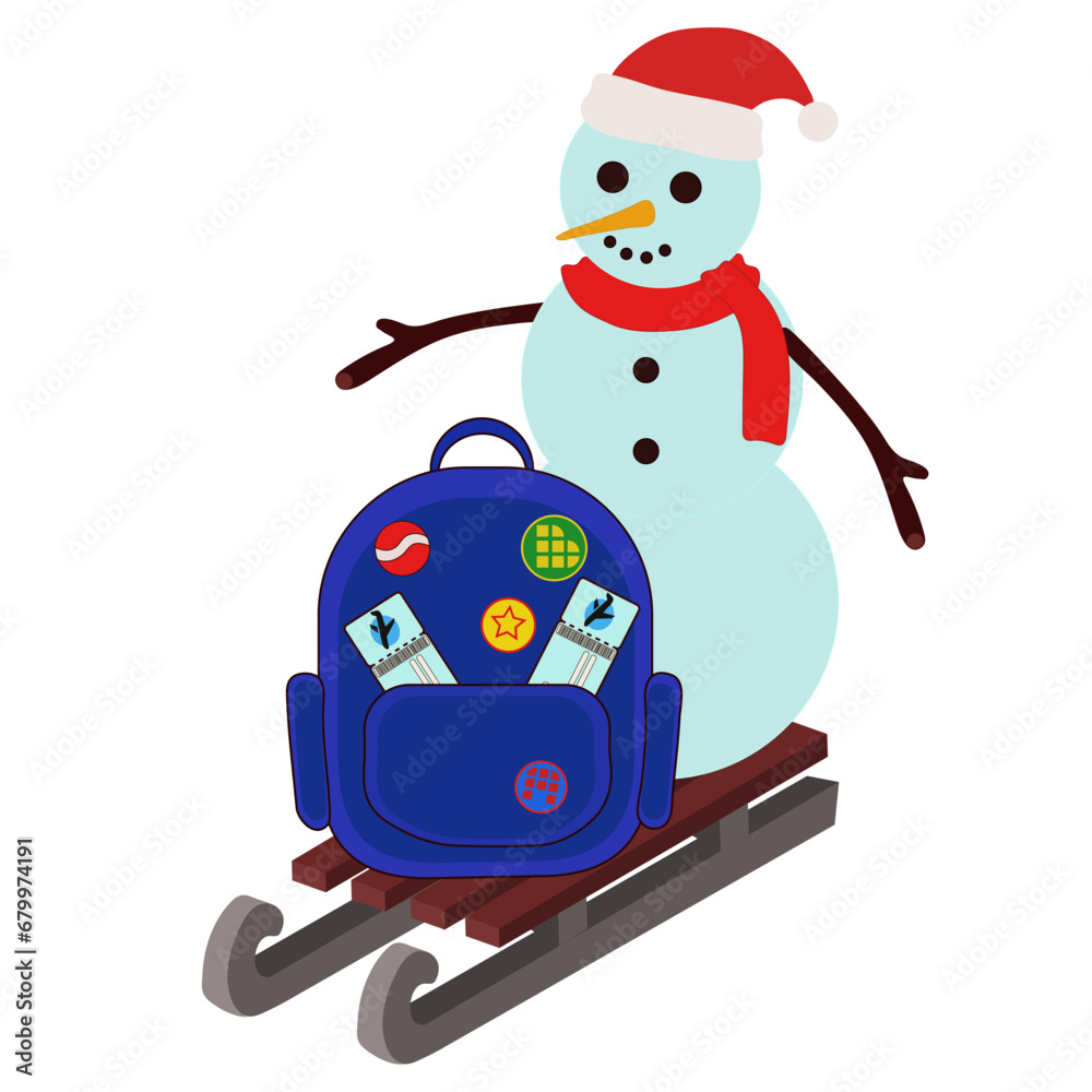 Snowman with sledge and backpack on white background