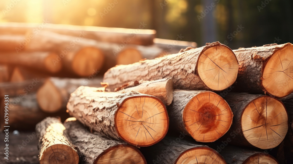 Group of Log trunks pile, Wooden trunks pine, Logging timber wood industry.