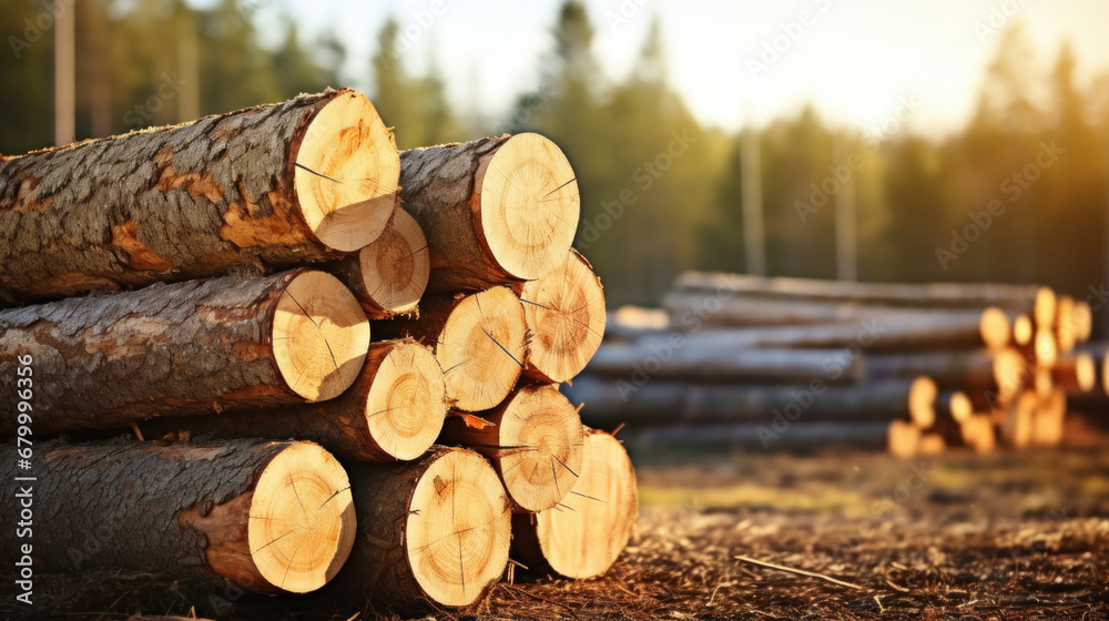 Group of Log trunks pile, Wooden trunks pine, Logging timber wood industry.