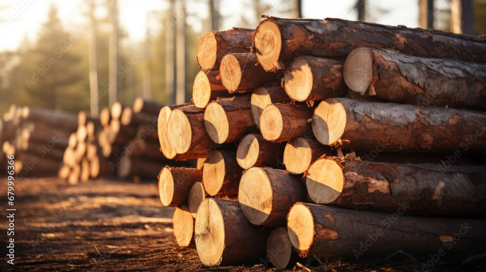 Group of Log trunks pile, Wooden trunks pine, Logging timber wood industry.