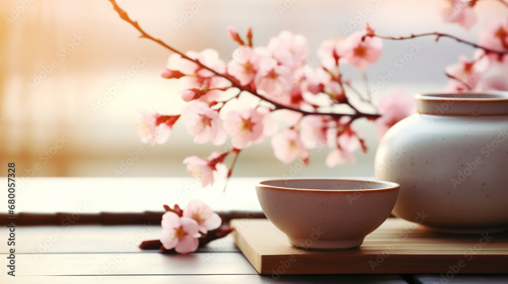 Tea ceremony, traditional teapot and ceramic cups on wooden tray on light background with sakura blossoms. Generative AI