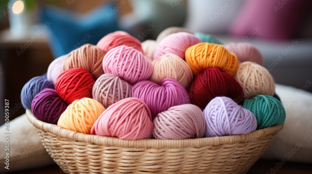 Close-up of coloured skeins of wool thread in a wooden basket. Cosy hobby concept. Generative AI