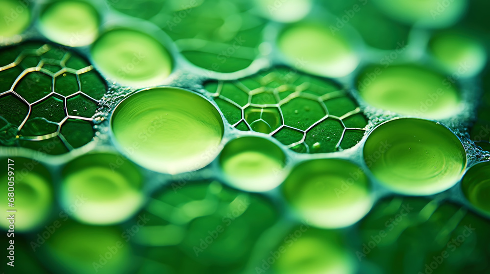 Fantasy plant cells microscopy. Green organic structures. Microlife concept. Generative AI