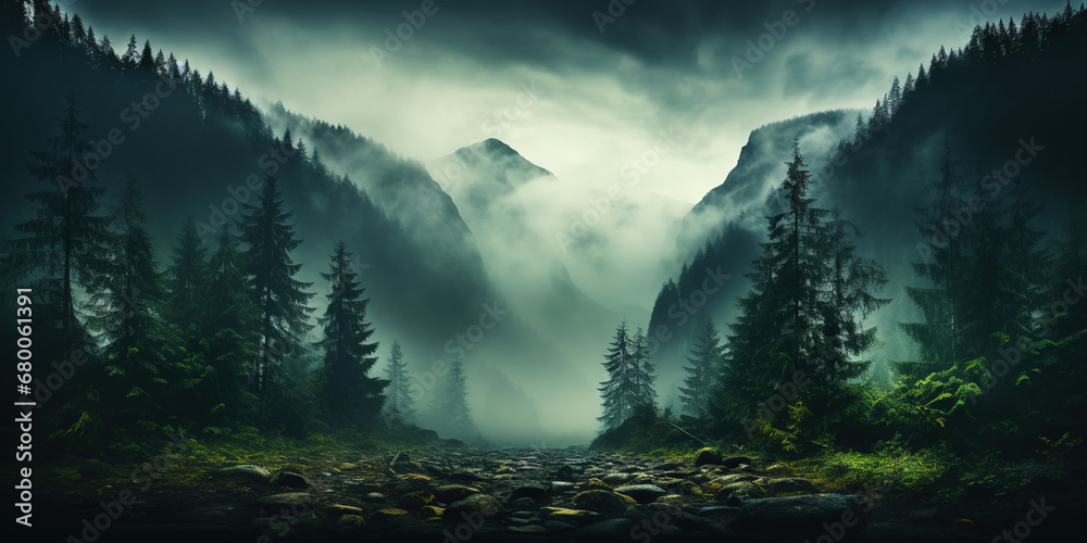 Misty mountain landscape with fir forest in vintage retro style. Generative AI