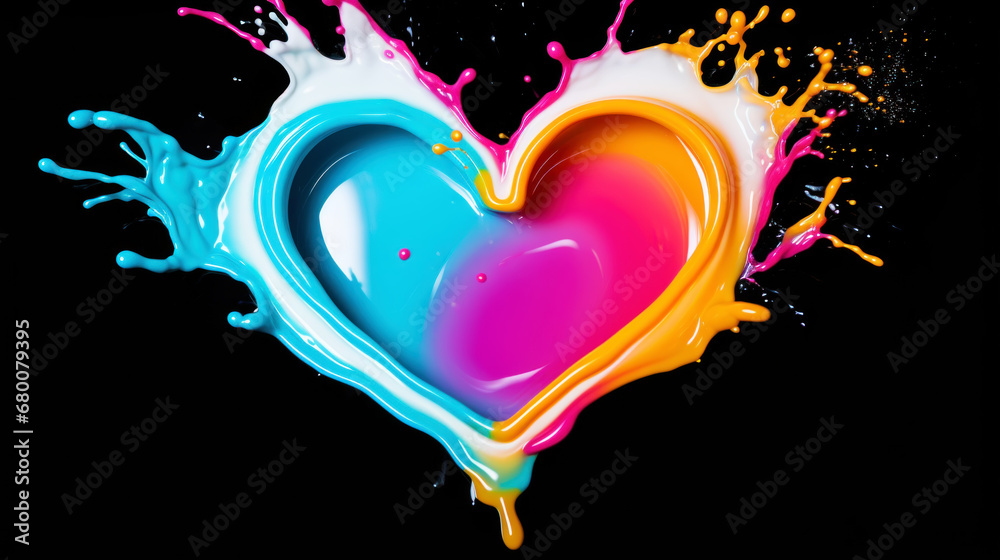 Rainbow abstract heart made of creamy splashes. Dark background. Pride love concept. Generative AI