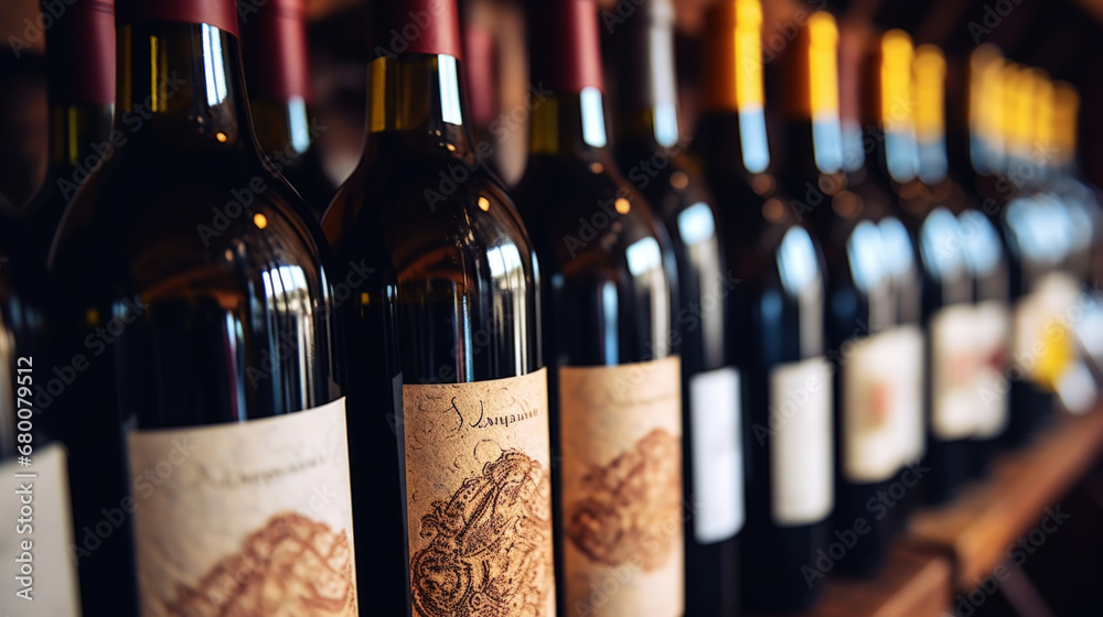 Variety of wine bottles on wooden shelves in an cellar. Vinery concept. Generative AI