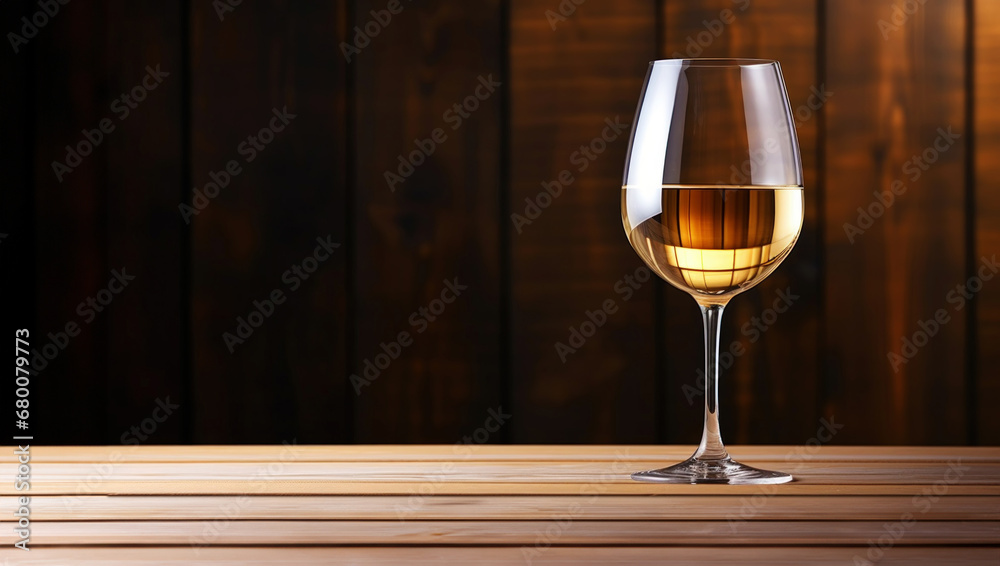 Elegant glass of white wine on dark wooden background. Wine industry concept. Generative AI