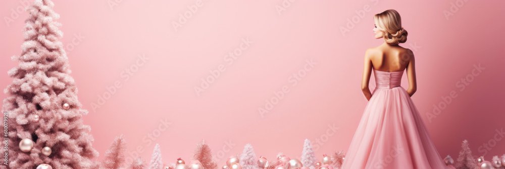 Pink Christmas background with New Year tree and girl standing with her back. Copy space. Generative AI