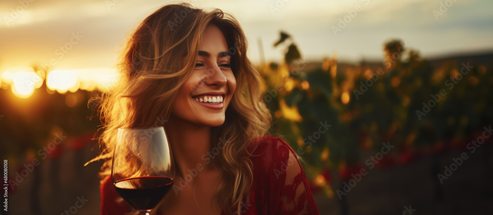 Portrait of a beautiful smiling girl with a glass of wine with a blurred backdrop of vineyard on a sunset. Generative AI