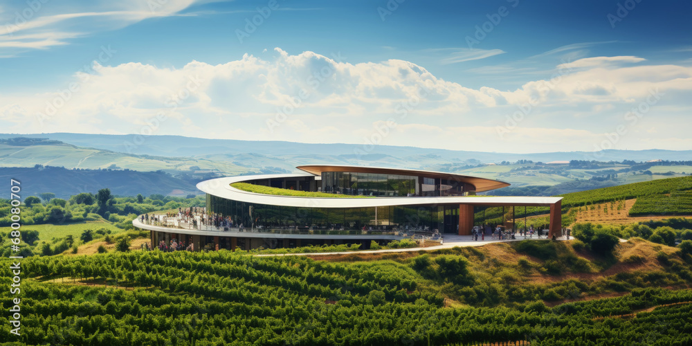 Vineyard landscape with a modern winery building on a hill under stunning sky. Rows of grapes. Generative AI