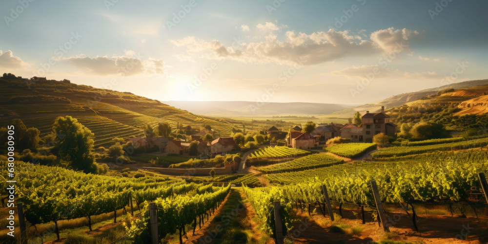 Vineyard landscape with an old winery building on a hill in a sunset sun rays. Rows of grapes. Generative AI