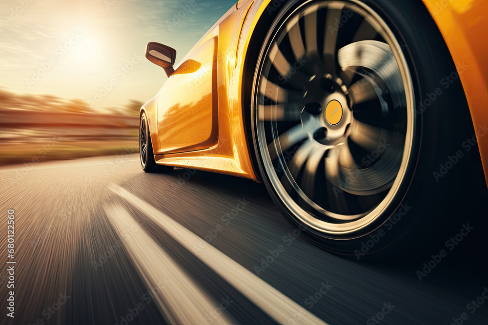 car driving on the road, Close-up of wheel of fast sports car on highway, high speed auto in motion blur,Close-up photos wheel sport