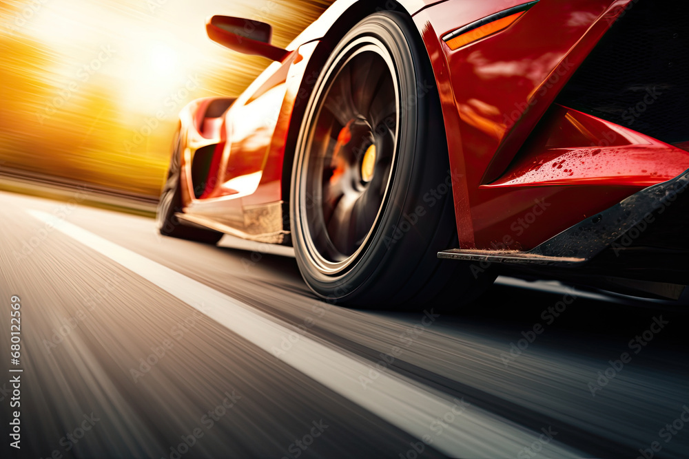 car driving on the road, Close-up of wheel of fast sports car on highway, high speed auto in motion blur,Close-up photos wheel sport