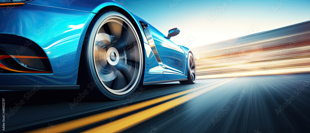 car driving on the road, Close-up of wheel of fast sports car on highway, high speed auto in motion blur,Close-up photos wheel sport