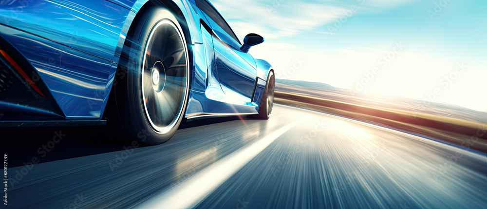 car driving on the road, Close-up of wheel of fast sports car on highway, high speed auto in motion blur,Close-up photos wheel sport