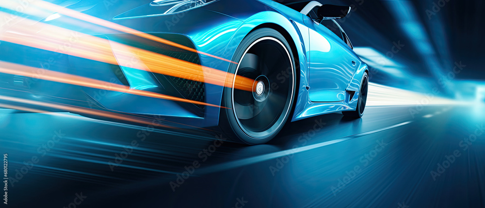 car driving on the road, Close-up of wheel of fast sports car on highway, high speed auto in motion blur,Close-up photos wheel sport