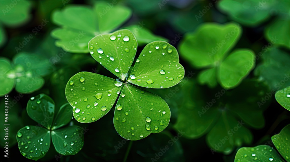 st patrick clover, Close up of lucky four leaf clover shamrock, green leaves