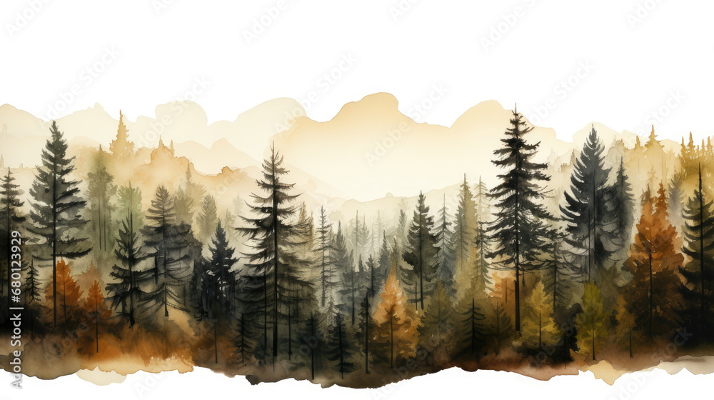 fog in the mountains, misty morning in the mountains, Boho Chic Pines Forest Mountains Landscape,vector illustration