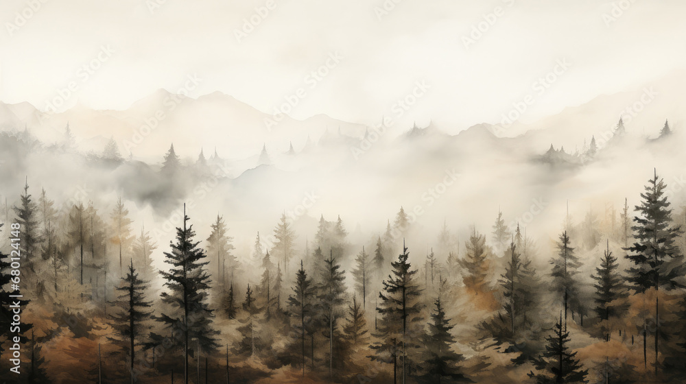 fog in the mountains, misty morning in the mountains, Boho Chic Pines Forest Mountains Landscape,vector illustration