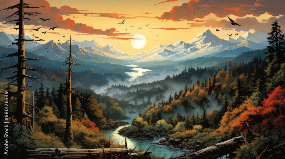 sunset in river the mountains, smoky mountains with forest  and clouds, mountains fog. nature  Vector illustration