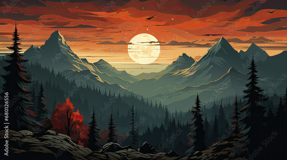 sunset in river the mountains, smoky mountains with forest  and clouds, mountains fog. nature  Vector illustration