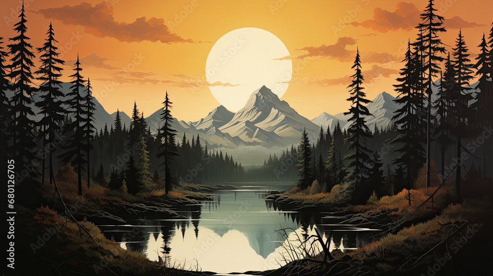 sunset in river the mountains, smoky mountains with forest  and clouds, mountains fog. nature  Vector illustration