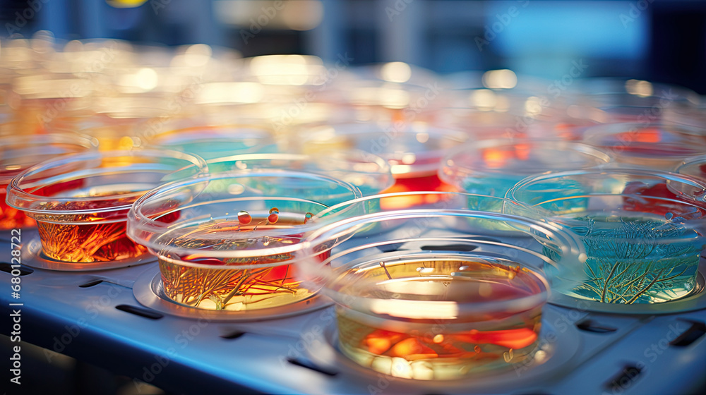 Petri dishes in a laboratory.Petri dish. Petris cup with liquid. Chemical elements, oil, cosmetics. Gel, water, molecules, viruses. Close-up.