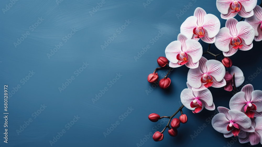 pink Orchid on dark blue background with copy space