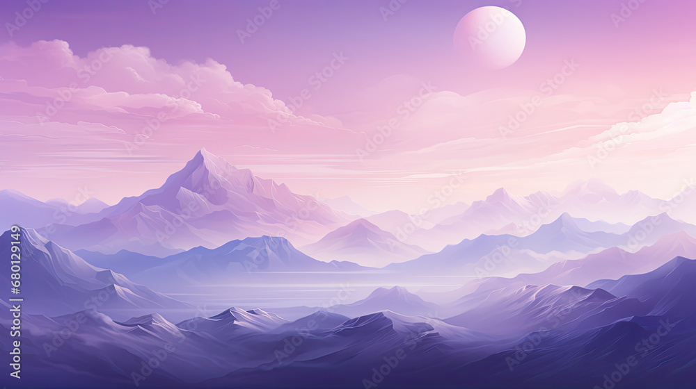 purple mountain landscape with fog and forest. Sunrise and sunset in mountains., vector illustration