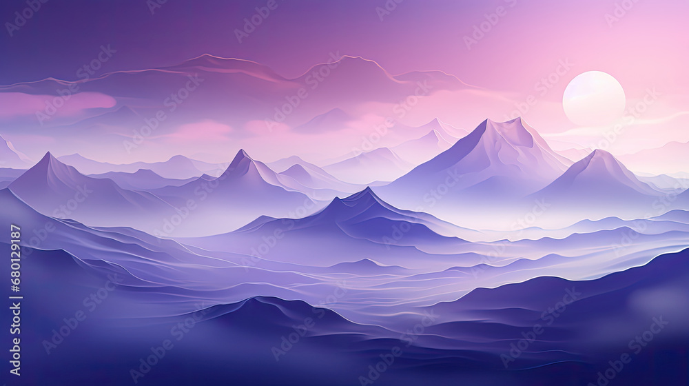 purple mountain landscape with fog and forest. Sunrise and sunset in mountains., vector illustration