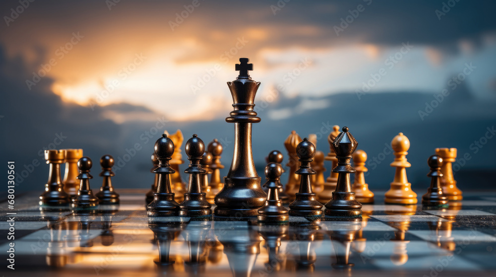 a Chess pieces on chessboard, competition success and strategy game play