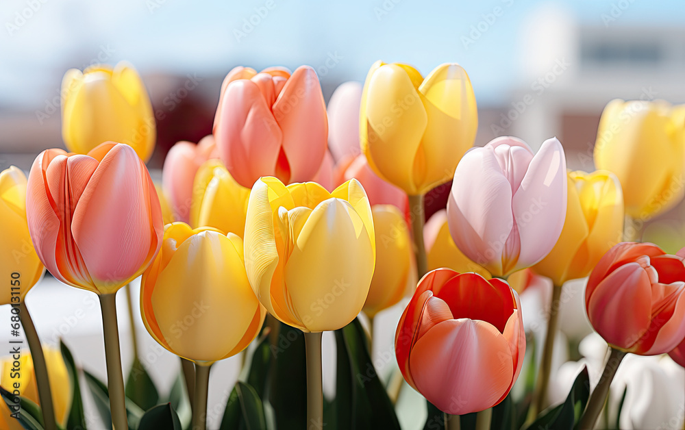 a flowers tulips  on a blue sky  background