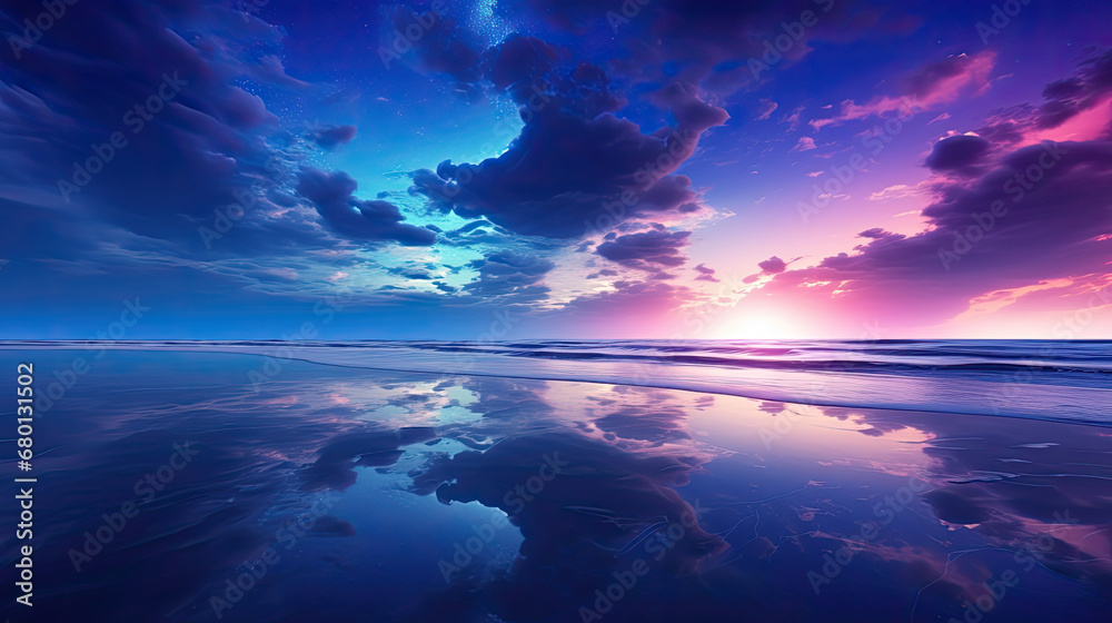 blue sky and sea, Colorful sunset over ocean, sky over the sea, vibrant sunset over a serene lake, with colorful reflections shimmering on the water