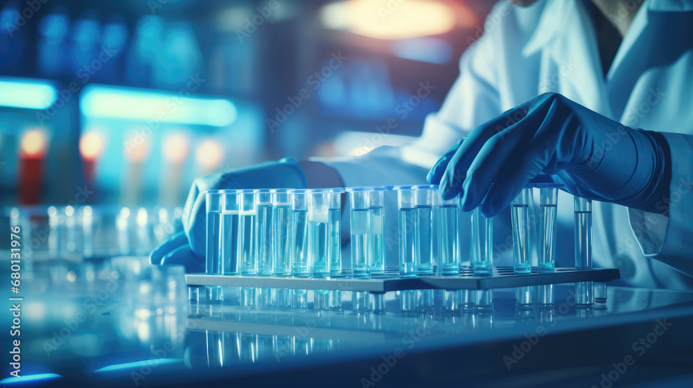 Scientist or medical in lab coat holding test tube with reagent, Laboratory glassware containing chemical liquid, Microscope, Biochemistry laboratory research.