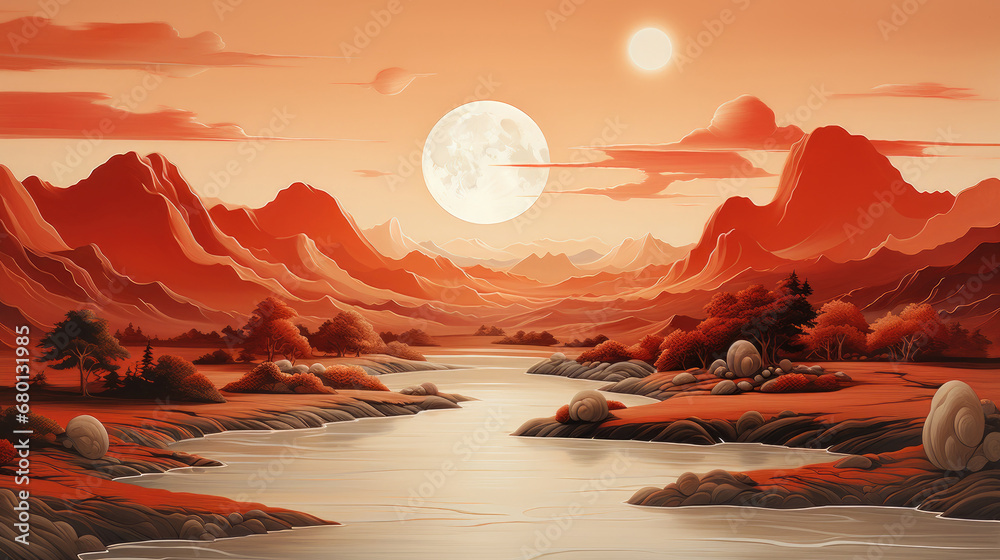 sunset over river on the mountains,forest and river, amazing clouds in the sky. Vector illustration.