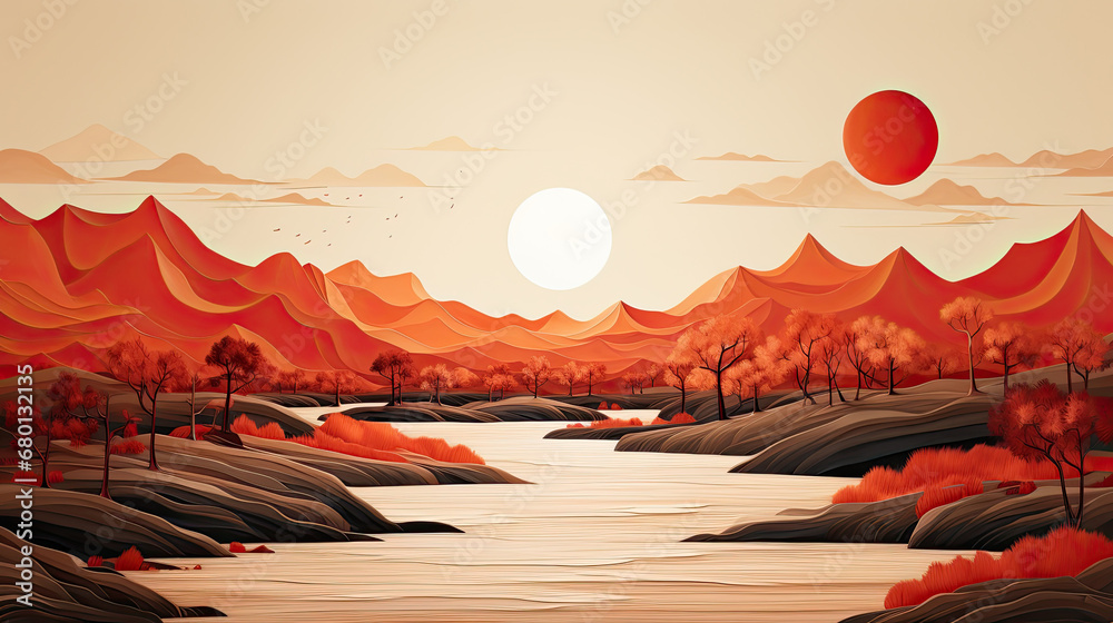 sunset over river on the mountains,forest and river, amazing clouds in the sky. Vector illustration.