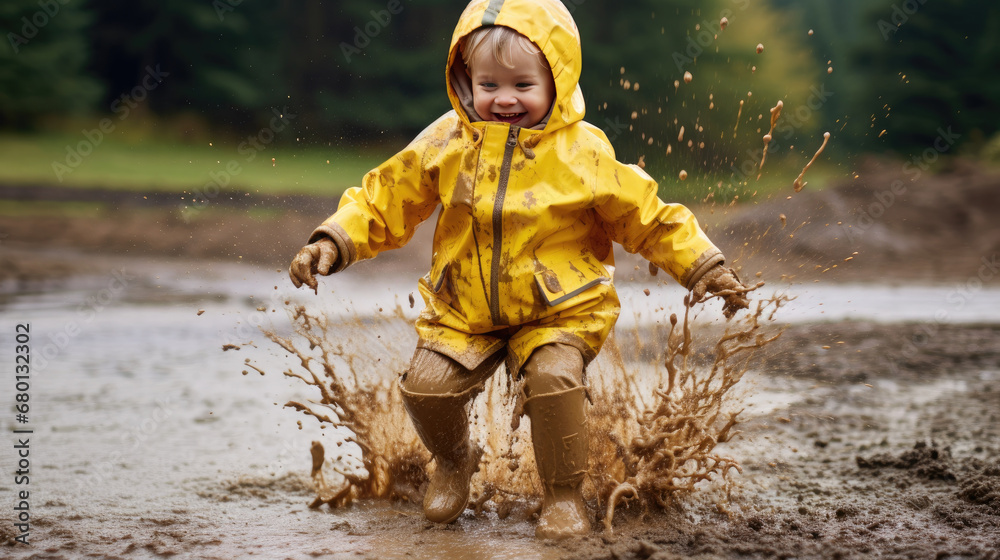 Happy little boy jumps in a puddle with rubber boots cute toddler jumping in a mud puddle.