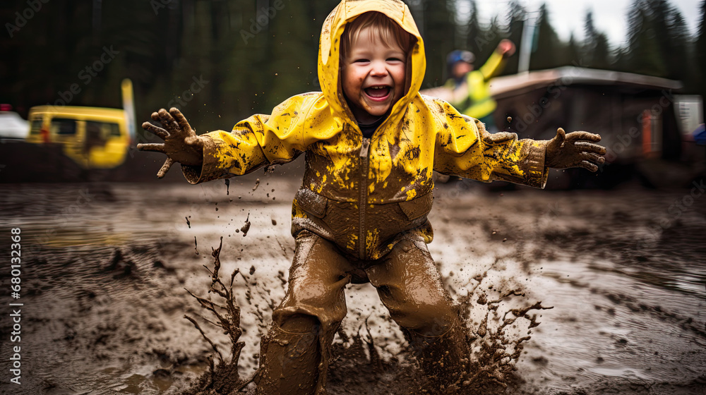 Happy little boy jumps in a puddle with rubber boots cute toddler jumping in a mud puddle.