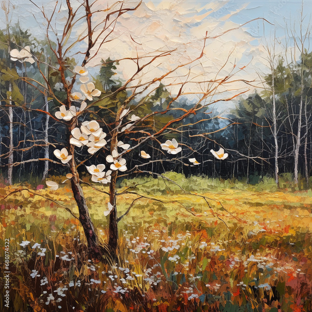 Oil painting of white flowers on a dogwood tree on a meadow. Digital oil painting, impasto, printable square artwork