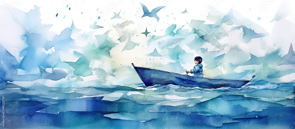 abstract watercolor illustration, a child with a white paper boat travels across the sea, surrounded by shades of blue, embodying the concept of exploration and the idea of a playful game, with a