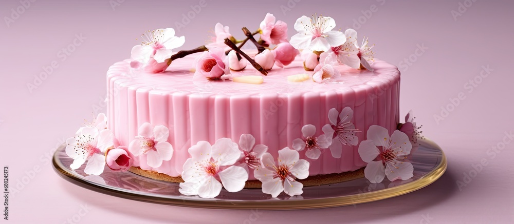 The beautiful bakery prepared a stunning white chocolate fruit cake adorned with pink cherry blossoms for the birthday celebration.