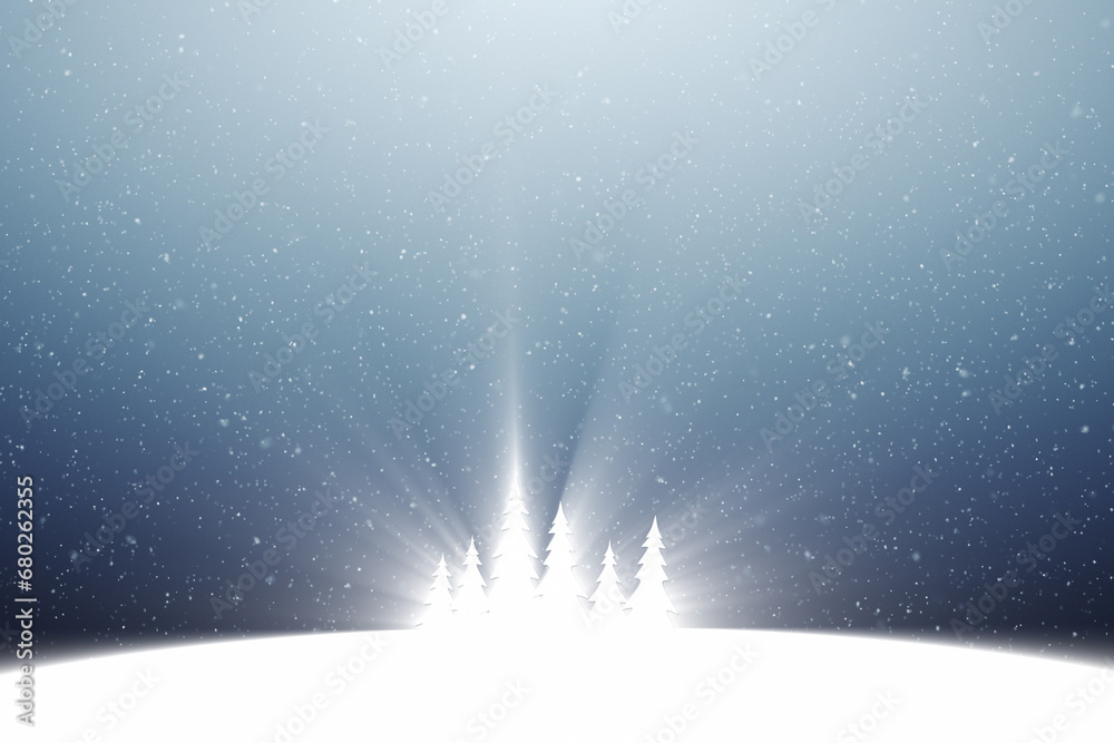 Christmas shining trees with snowfall sky copy space background. Concept greetings card illustration.