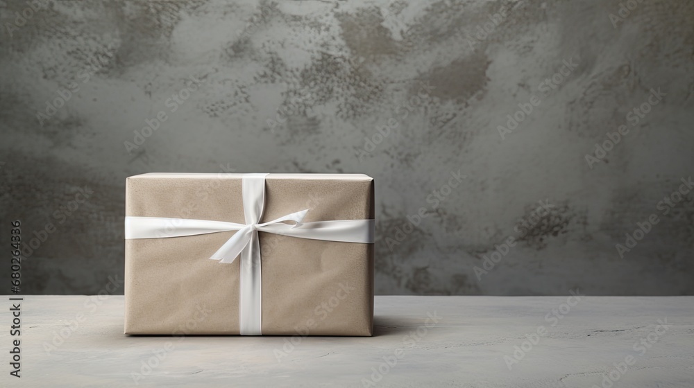 warehouse, a white gift box with a textured paper wrapping sits on a concrete background, awaiting delivery. Its packaging is recyclable, hinting at a sustainable approach, as it awaits transportation