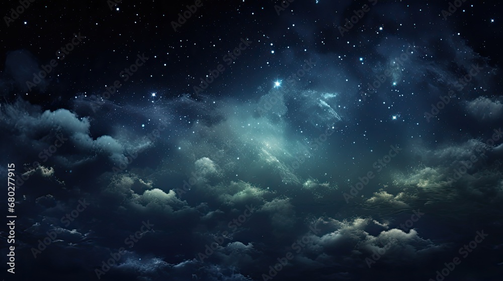 vast expanse of the night sky, abstract black clouds glided across, revealing a mesmerizing tapestry of stars and galaxies, creating a stunning wallpaper for the background of the celestial stage. The