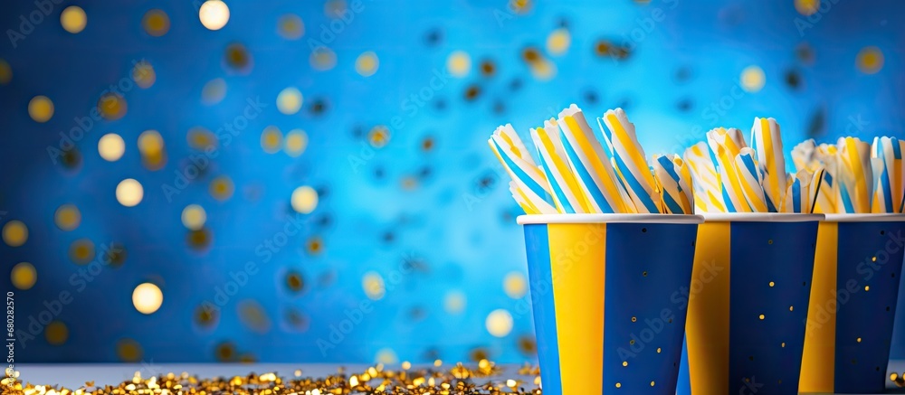 At the retro-themed birthday party, the gold striped disposable cups were adorned with a vibrant blue confetti design on a paper background, adding a fun and festive touch to the overall party concept