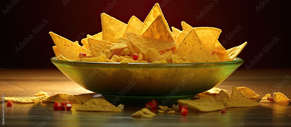 In a golden, triangular bowl, a diet-conscious individual indulged in some delicious, crispy tortilla chips, topped with chili and a tangy flavor, fully aware of the potential fattening consequences