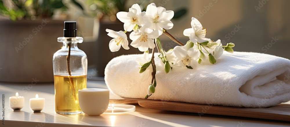 In the serene ambiance of the spa, a beautiful flower arrangement sits atop a wooden table, surrounded by the soothing hues of nature, bathed in soothing light. The concept of health and beauty