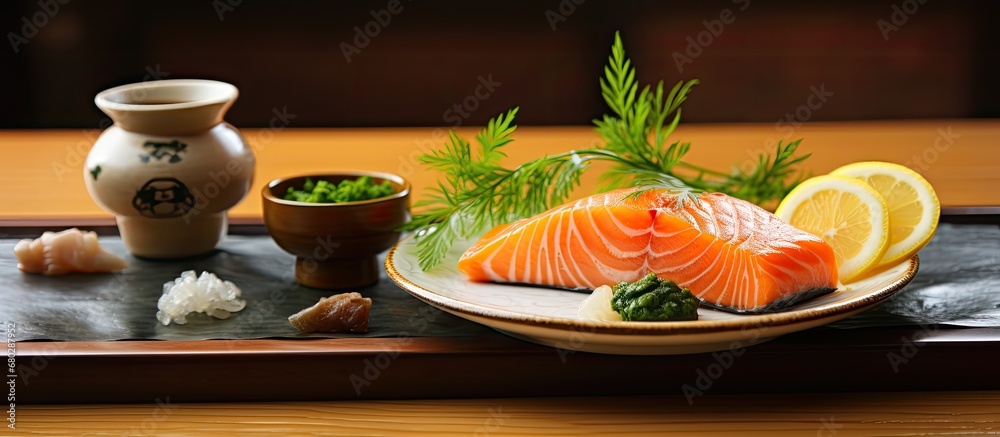 In a quaint Japanese restaurant, a crisp white plate showcases a healthy and natural meal. The chef carefully places a leaf of green on top, complementing the fresh seafood and fish. A tangy lemon