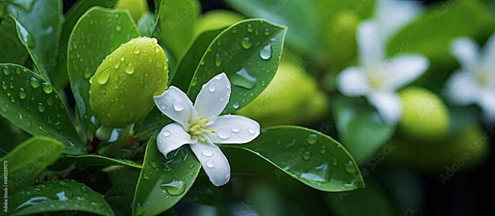 The floral pattern on the green leaf creates a beautiful background garden, enhancing the natural beauty of the flowers and trees while filling the air with a delightful perfume from their blossoming